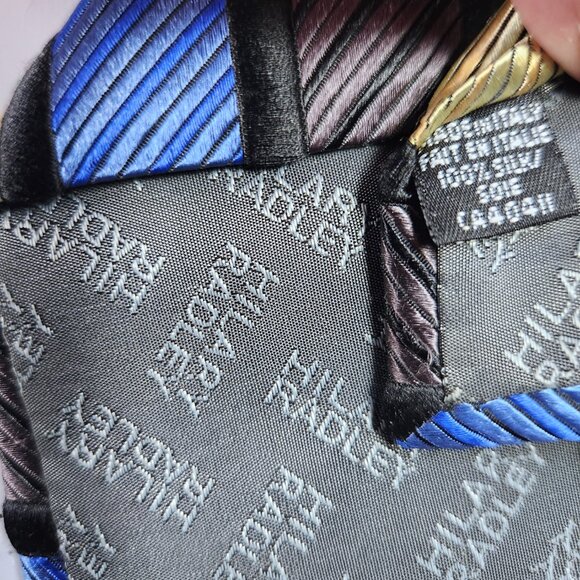Hilary Radley Necktie Men's Blue Black Gold Striped Silk Made in Italy - Picture 5 of 5